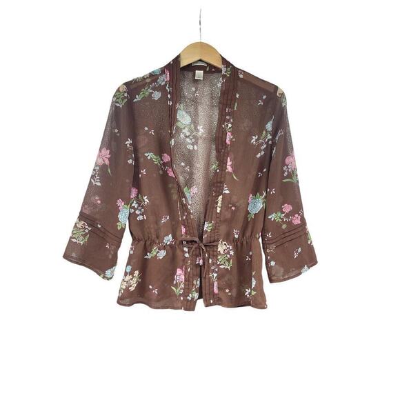 Old Navy Brown Floral Flutter Sleeve Fairy Sheer Tie Front Cardigan Womens M - Picture 1 of 5